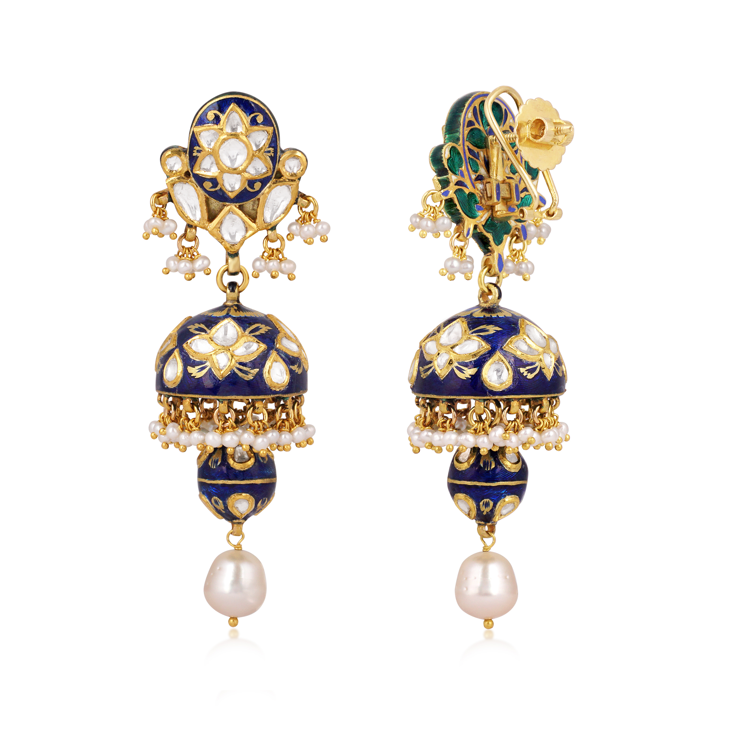 Jhumki Earrings with Blue Enamel, Polki, and Pearls